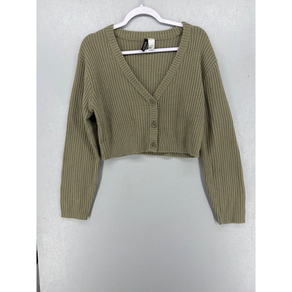 H&M Divided Womens Cardigan Olive Green Ribbed Cropped Knit Medium - Picture 2 of 5